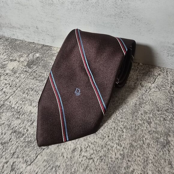 CHRISTIAN DIOR Vintage Brown Diagonal Stripe Print Silk Poly Blend Tie Y2K - Picture 5 of 8
